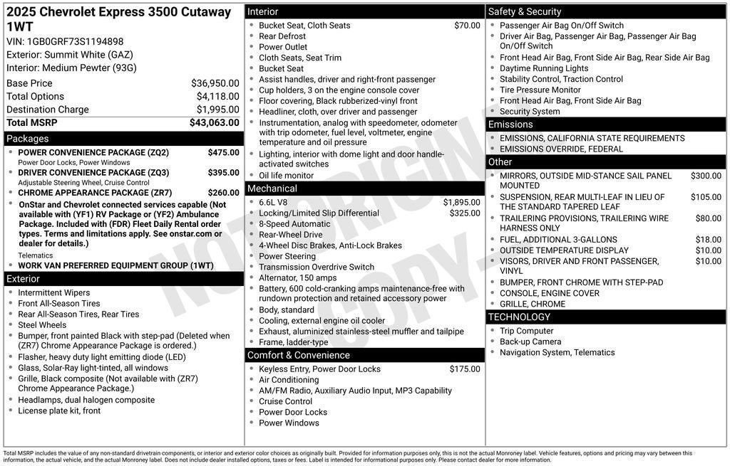 2025 Chevrolet Express Cutaway 3500 1WT