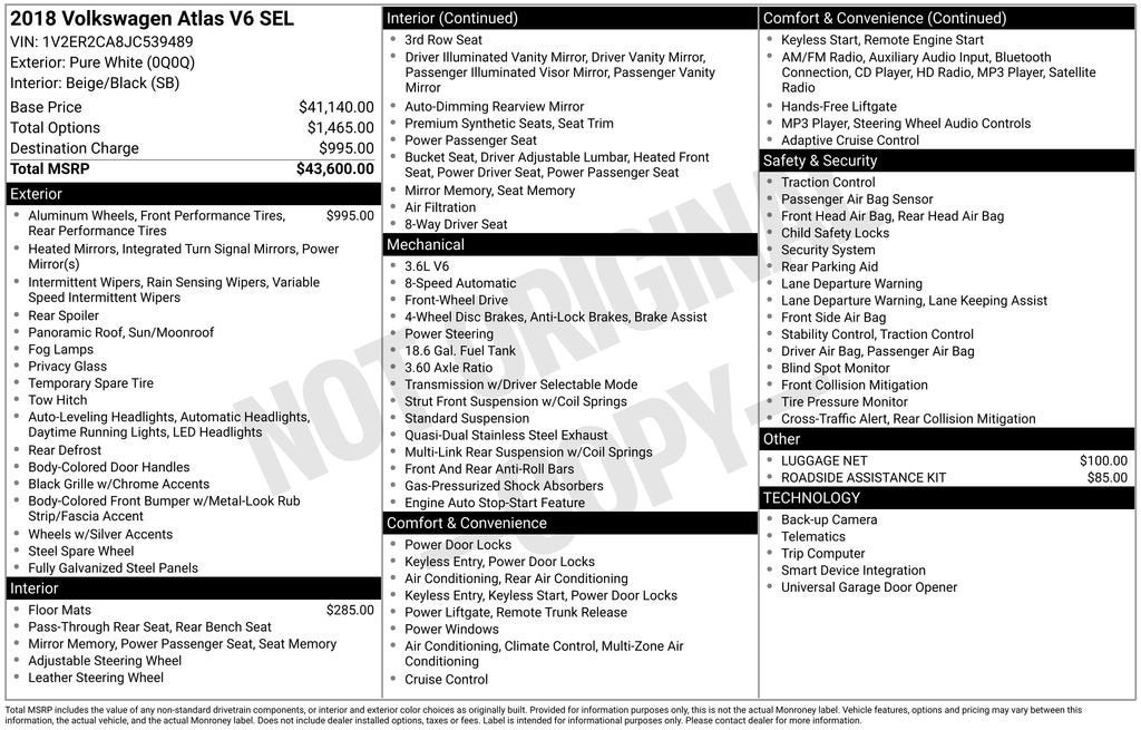 2018 Volkswagen Atlas 3.6L V6 SEL