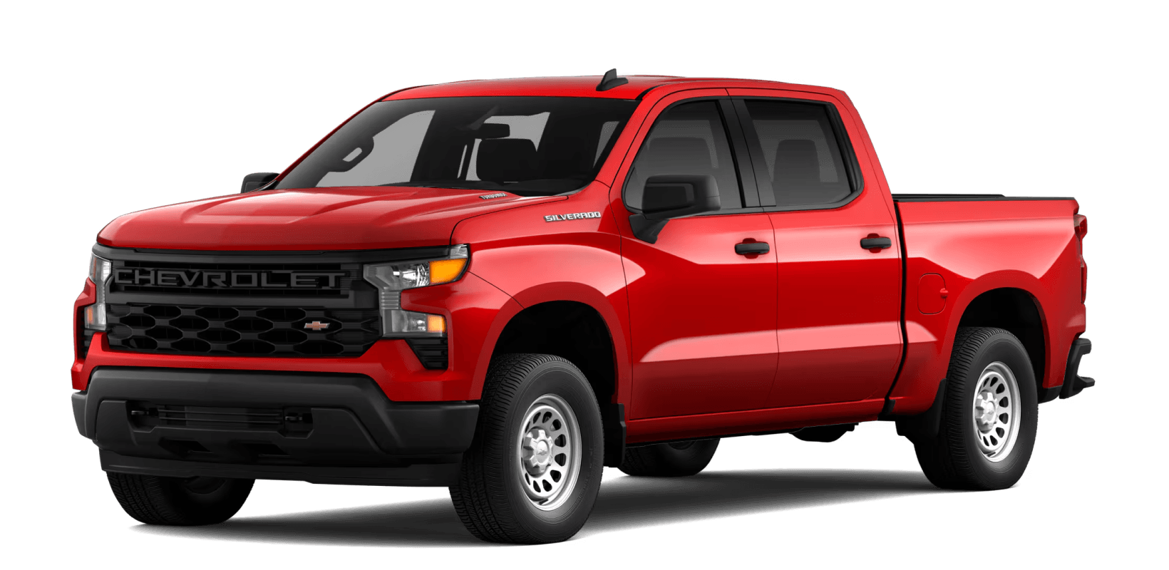 2026 Chevrolet Silverado 1500 WT in Red Hot in three quarter angle.
